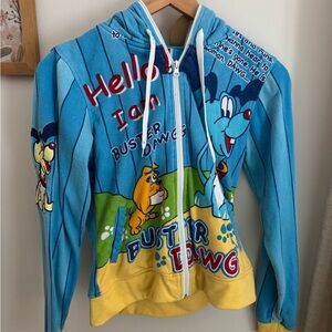 y2k 2000s RAW BLUE LADY Buster Dawg Cartoon Graphic Zip Up Hoodie Blue Yellow M